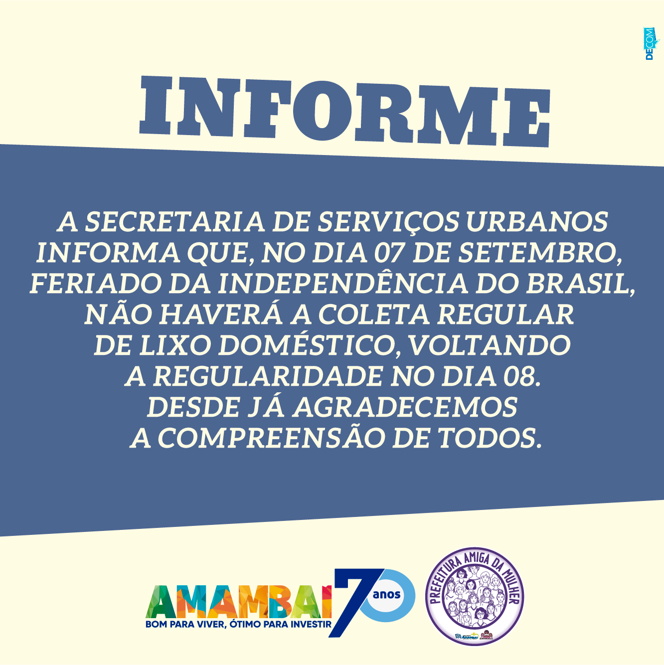 Comunicado - recolhimento de lixo feriado de 7 de Setembro