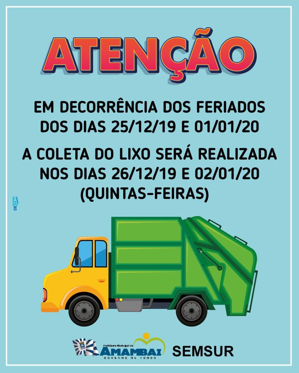 Prefeitura de Amambai informa sobre coleta de lixo durante os feriados