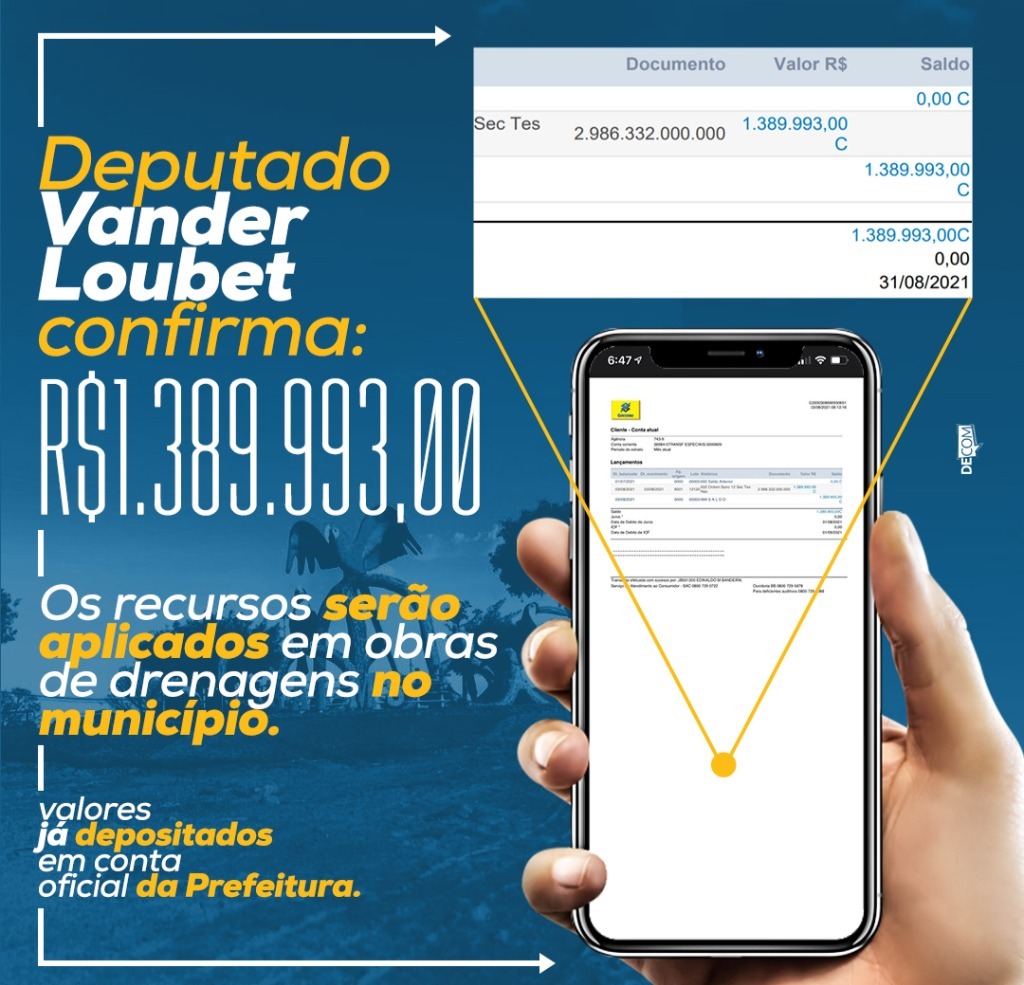 Direto de Brasília Deputado Federal Vander Loubet confirma R$ 1.389.993,00 na conta da Prefeitura de Amambai