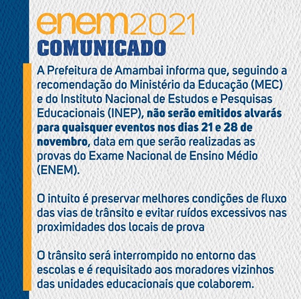 Prefeitura de Amambai comunica população sobre emissão de alvarás durante os dias de ENEM