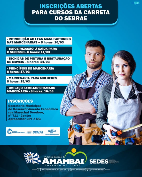 Inscrições abertas para cursos da Carreta do SEBRAE que estará em Amambai de 10 a 17 de março