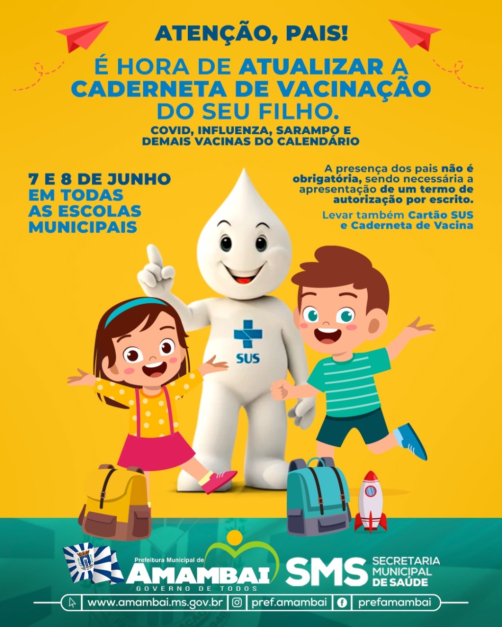 Alunos serão imunizados nas escolas de Amambai para atualização da Caderneta de Vacina Infantil nos dias 7 e 8 de junho