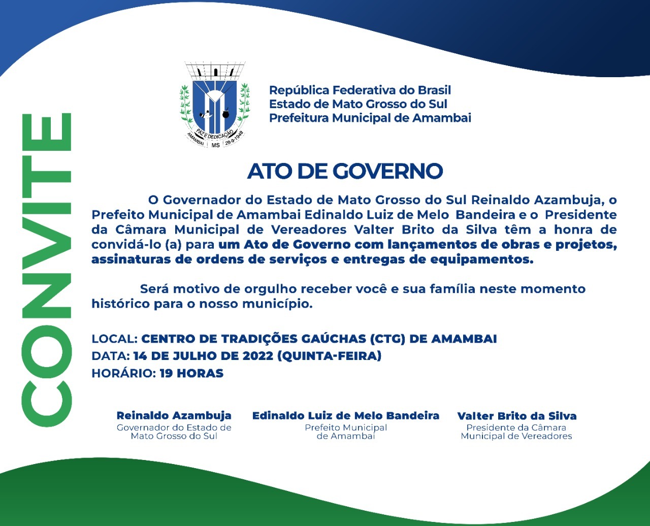 Prefeito Bandeira convida população para Ato de Governo com a presença do Governador na próxima quinta