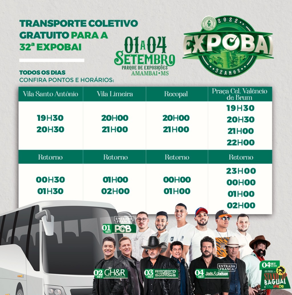 Prefeitura de Amambai disponibiliza transporte coletivo gratuito durante a 32ª Expobai; Confira os pontos e horários