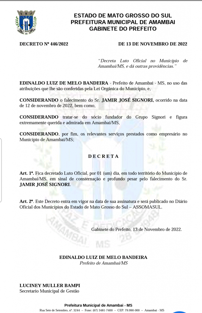 Prefeitura de Amambai decreta luto oficial pelo falecimento Jamir José Signori