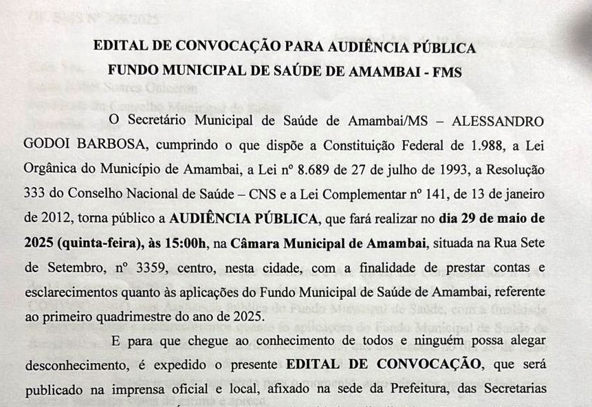 Audiência Pública do Fundo Municipal de Saúde será realizada nesta quinta-feira (29)