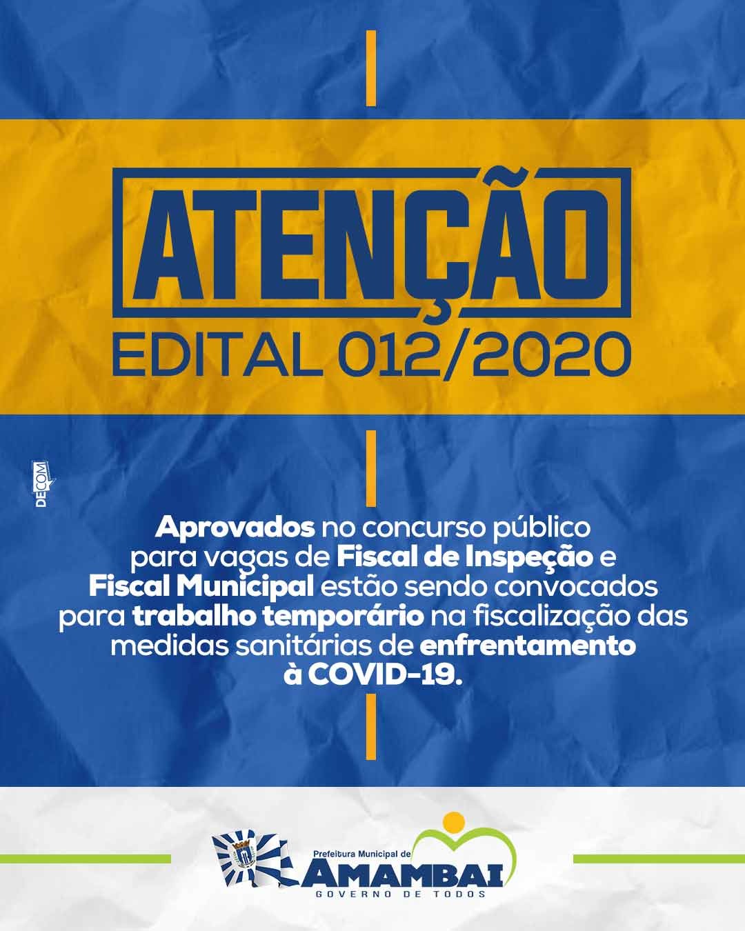 Prefeitura de Amambai convoca aprovados em concurso para contratação temporária como fiscais de medidas sanitárias