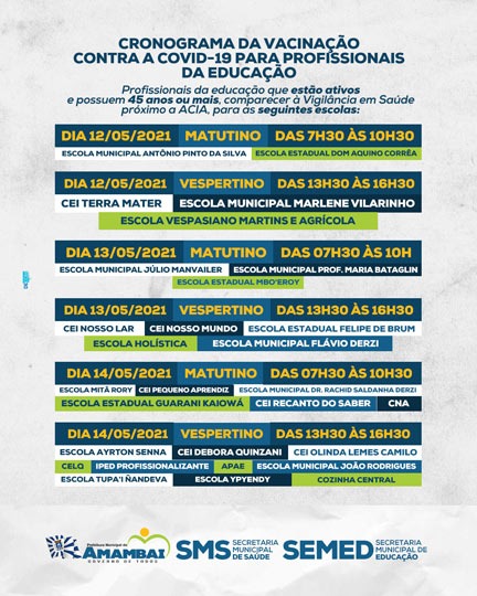Confira o cronograma de vacinação contra COVID-19 para profissionais da educação com 45 anos ou mais