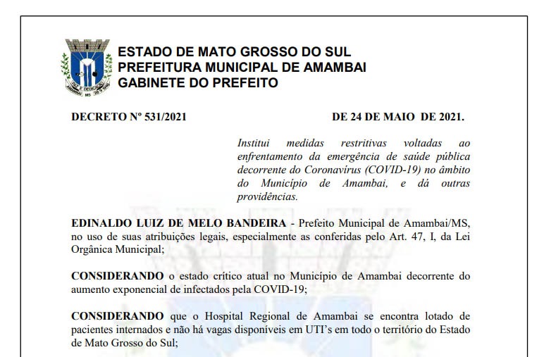 Novo Decreto institui Toque de Recolher a partir das 19h e Lei Seca aos finais de semana
