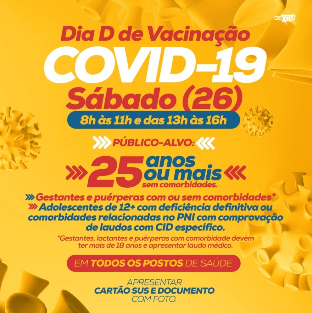 Amanhã é Dia D de vacinação contra a COVID-19 para o público geral com 25 anos ou mais