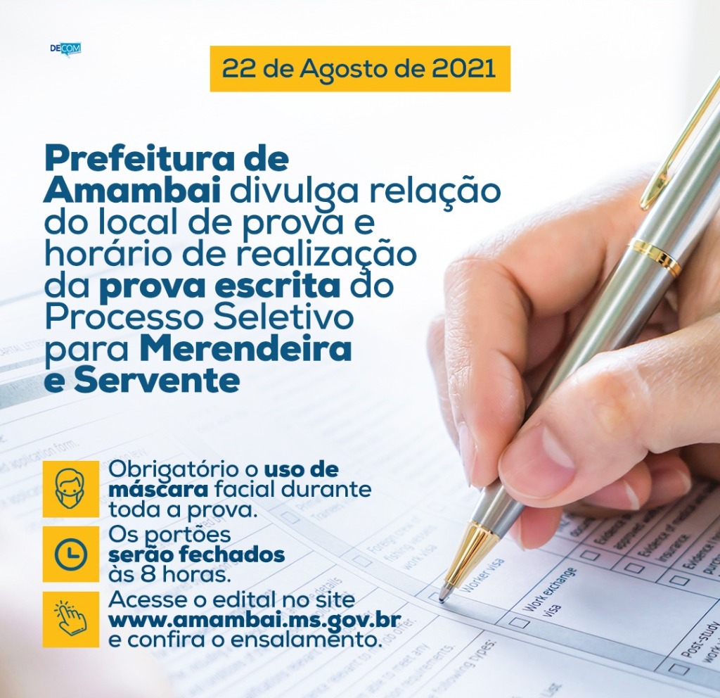 Prefeitura de Amambai divulga relação do local e horário da prova escrita do Processo Seletivo para Merendeira e Servente