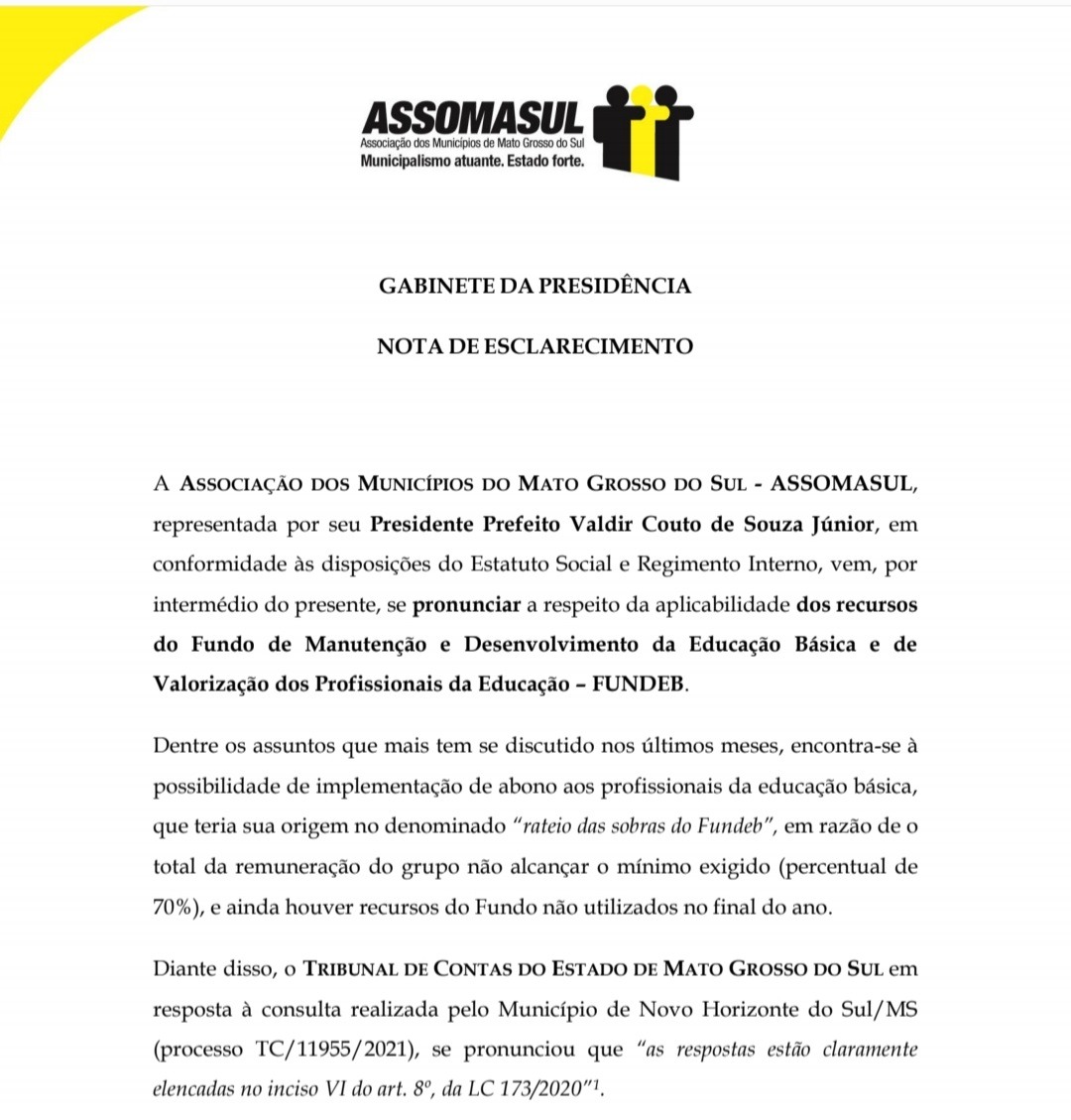 Tribunal de Contas de Mato Grosso do Sul considera ilegal rateio de sobras do FUNDEB no ano de 2021