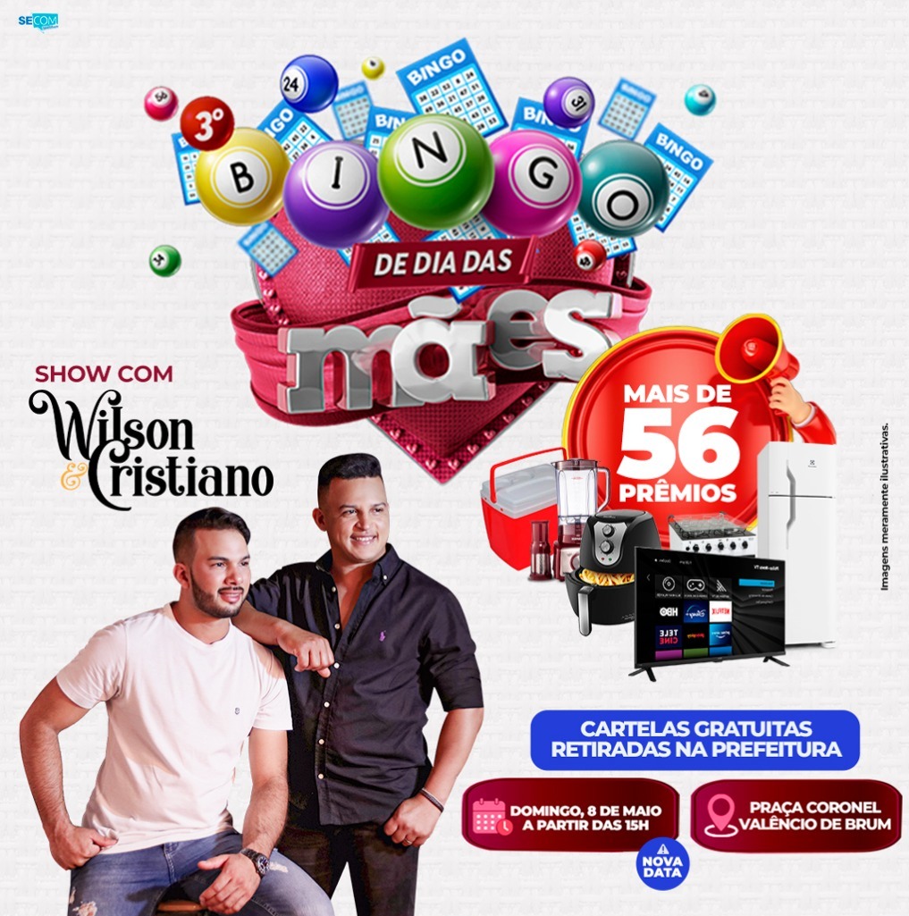 No domingo, 3º Bingo de Dia das Mães terá show da dupla Wilson e Cristiano e mais de 56 prêmios