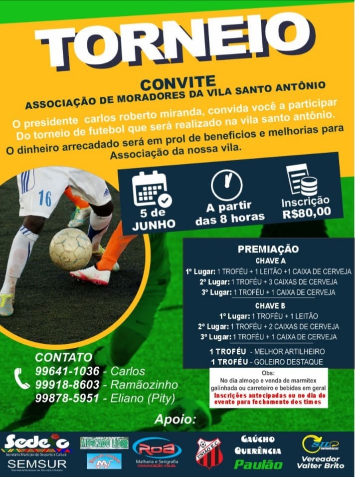 Associação de Moradores da Vila Santo Antônio realiza Torneio de Futebol no dia 5 de junho