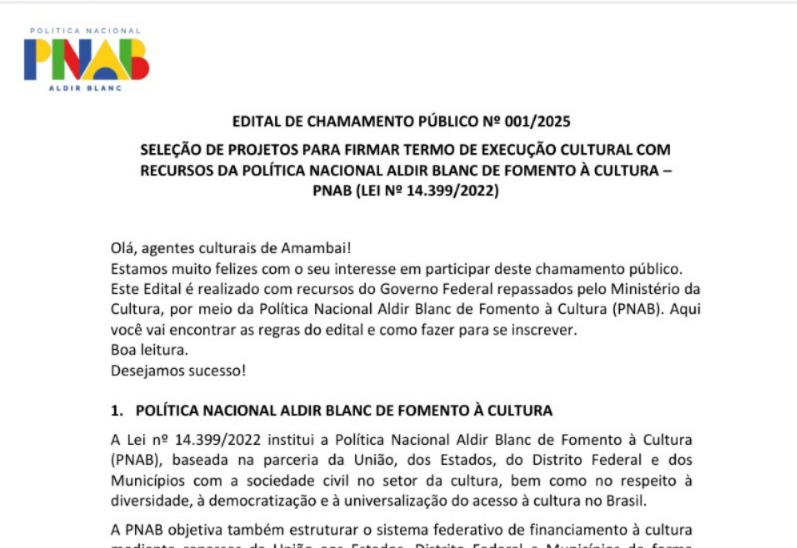 Prefeitura de Amambai lança edital para seleção de projetos culturais com recursos da Política Nacional Aldir Blanc