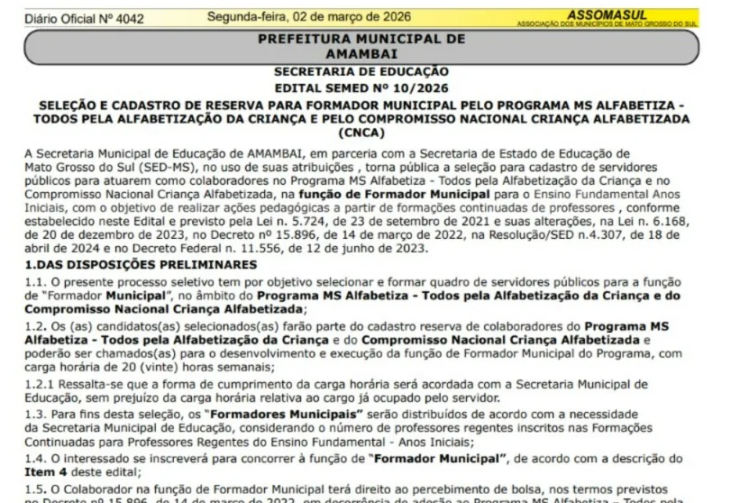 Prefeitura de Amambai abre processo seletivo para formador do programa MS Alfabetiza