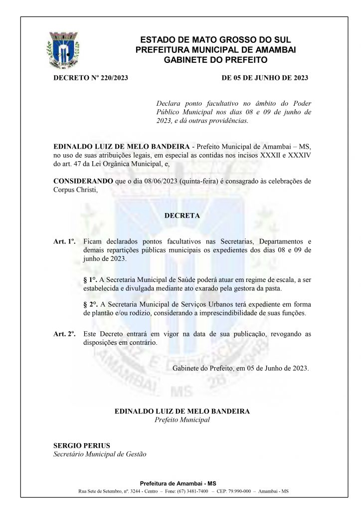 Prefeito de Amambai decreta ponto facultativo em celebração a Corpus Christi