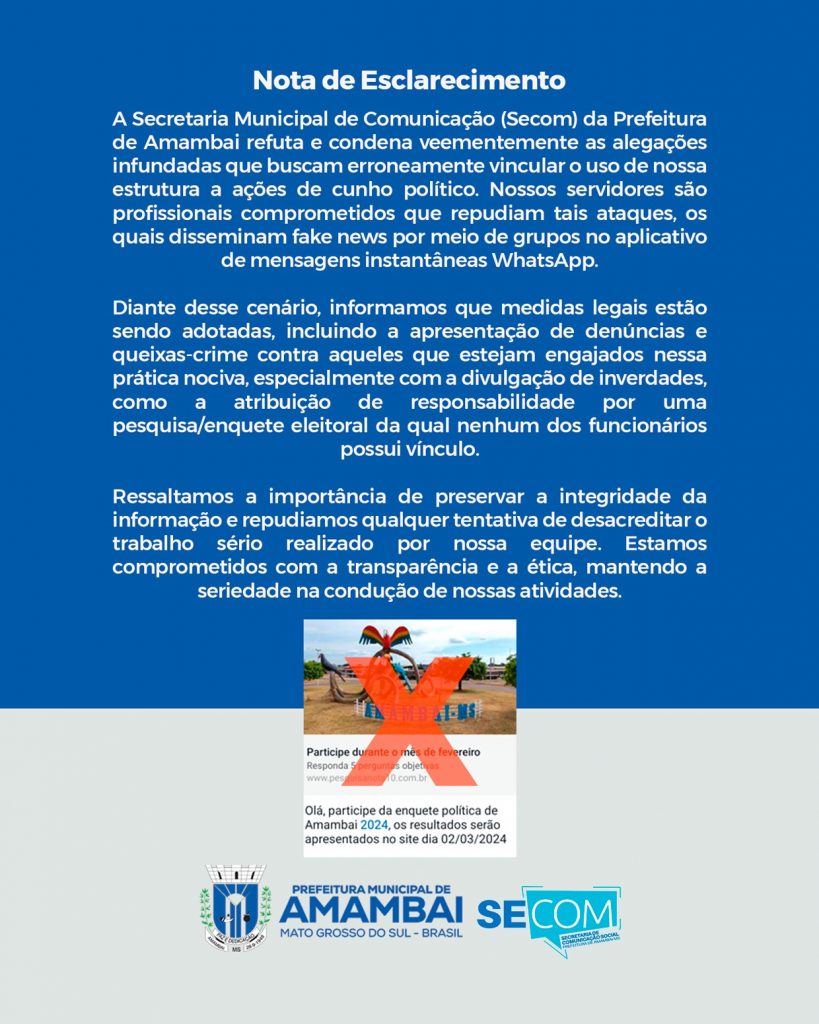 Prefeitura de Amambai repudia fake news e toma medidas legais contra ataques infundados