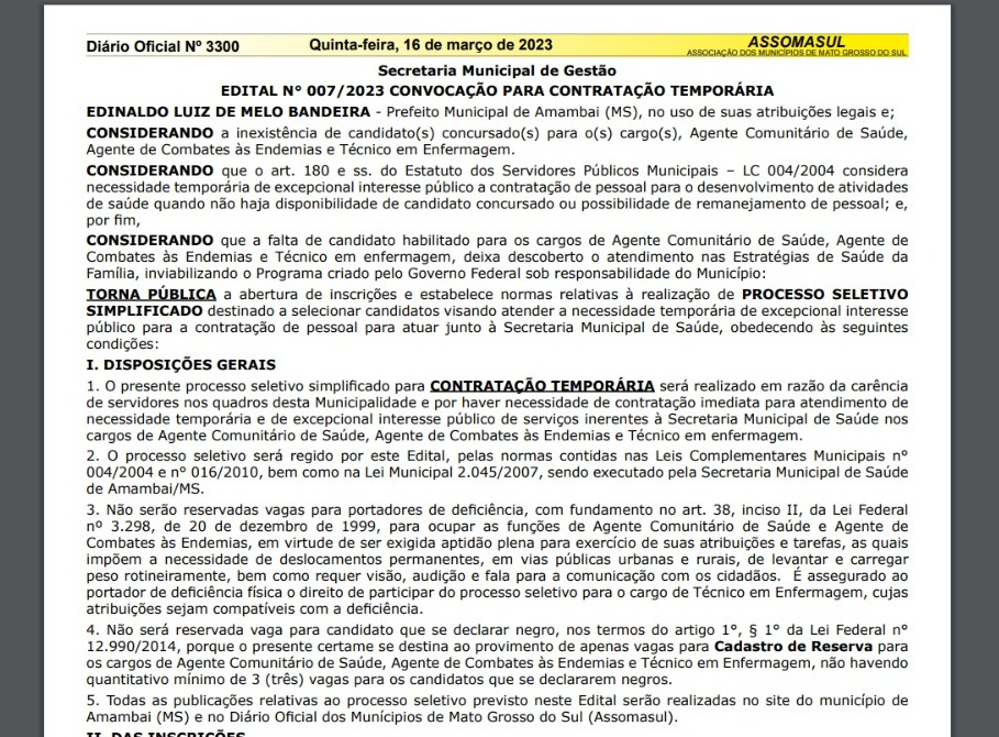 Prefeitura de Amambai convoca processo seletivo para contratação temporária na área da Saúde