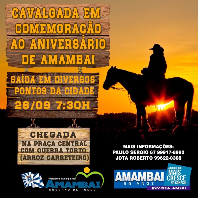 Acontece nessa quinta-feira (28) em Amambai cavalgada em homenagem aos 69 anos de Amambai.