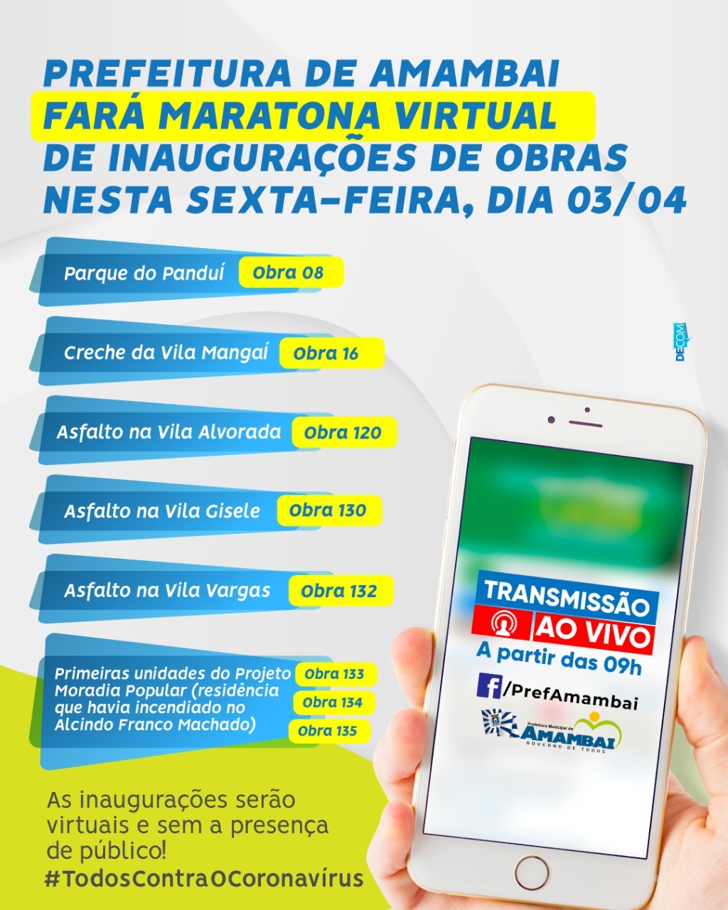 Prefeitura de Amambai fará nesta sexta maratona de inaugurações virtuais