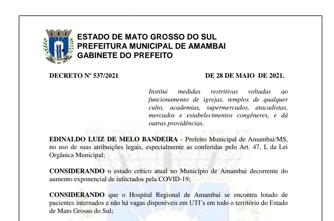 Durante live sobre situação da COVID-19 em Amambai Prefeito Bandeira anuncia novo decreto