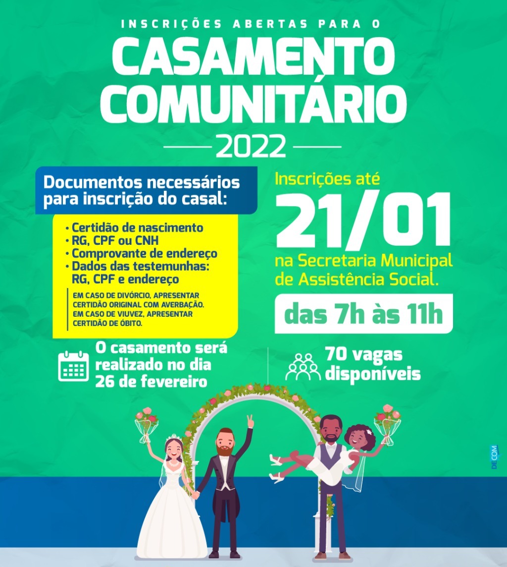 Secretaria de Assistência Social está com inscrições abertas para Casamento Comunitário 2022