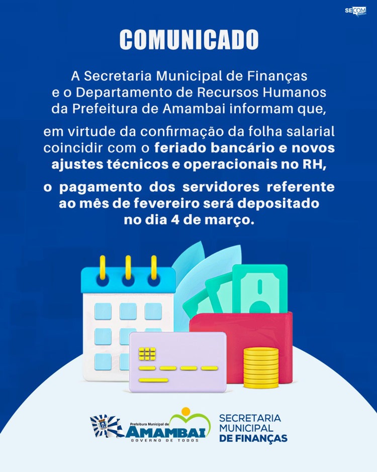 Salários de servidores municipais de Amambai será depositado no dia 4 de março