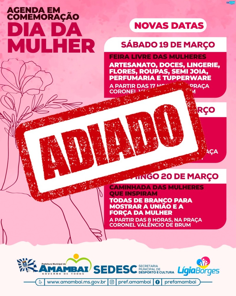 Adiados os eventos em comemoração de Dia da Mulher que aconteceriam neste final de semana