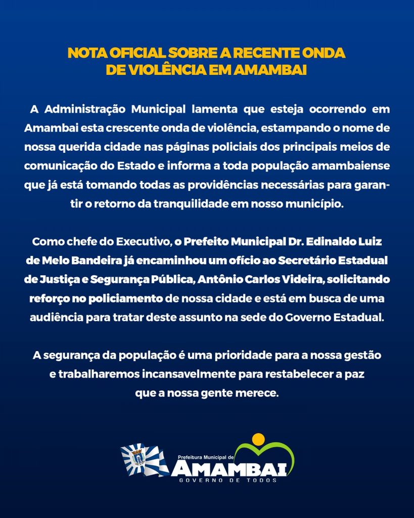 Diante da recente onda de violência em Amambai, prefeito Dr. Bandeira solicita reforço policial ao secretário estadual de Segurança Pública