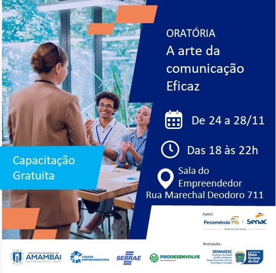 Cursos gratuitos de Oratória e Marketing estão com inscrições abertas em Amambai