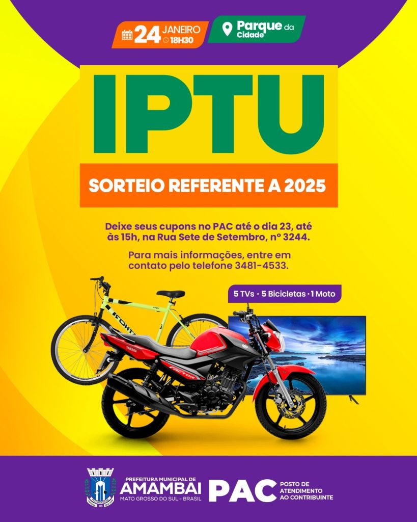 Sorteio do IPTU 2025 acontece neste sábado no Parque da Cidade, em Amambai
